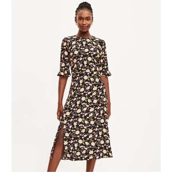 NWT LOFT Floral Ruffle Sleeve Midi Dress - Picture 1 of 13